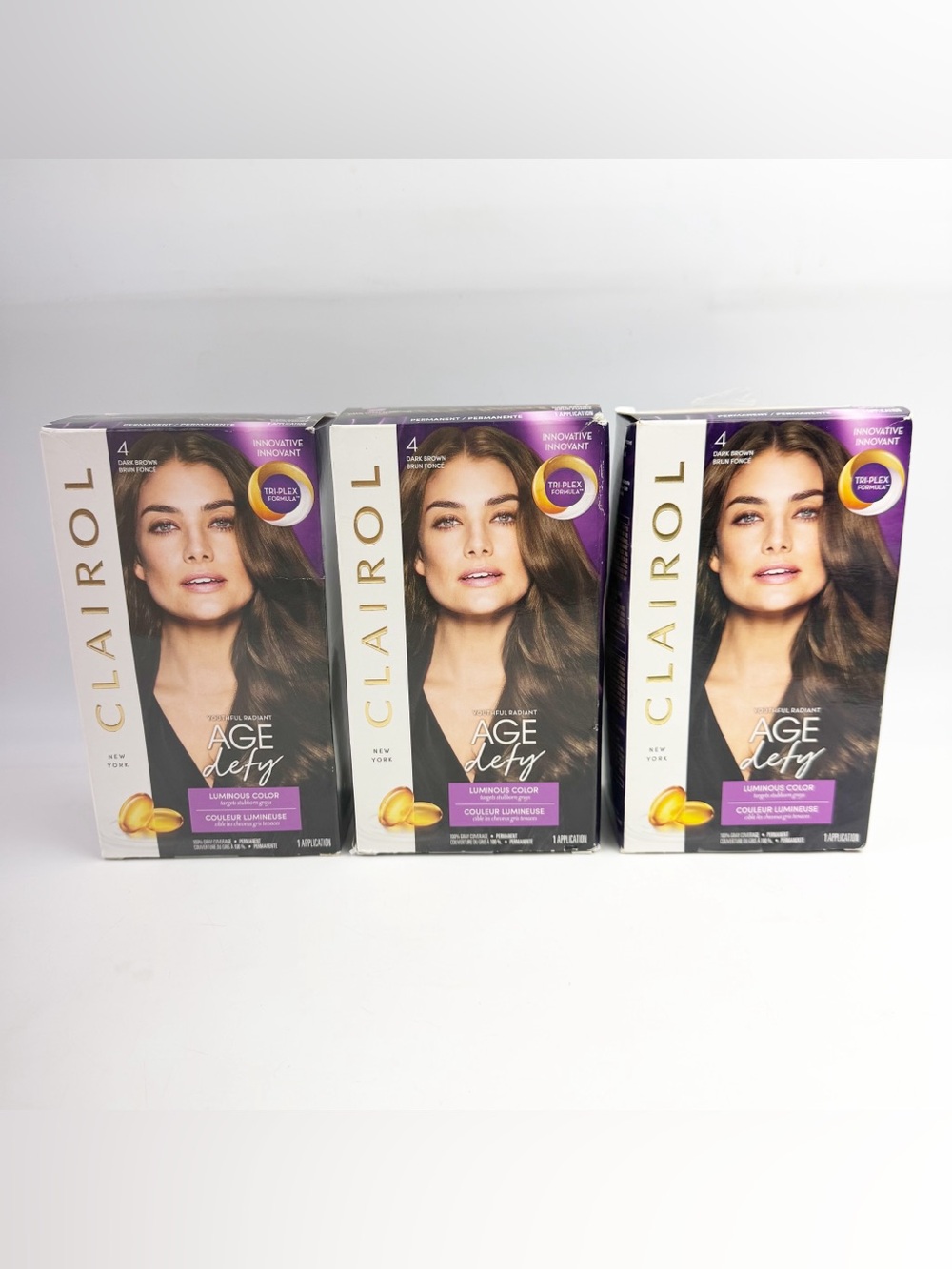 THREE Clairol Age Defy Hair Color # 4 Dark Brown Color Kit Permanent New *Read